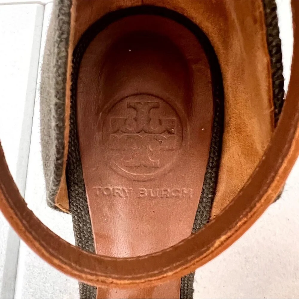 Tory Burch Amina Olive Woven Platform Heels Raffia‎ Ankle Strap 7.5